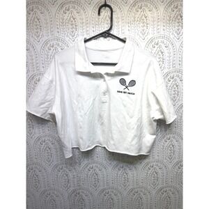 OFFLINE by Aerie Polo Shirt Women Size S White Game Set Match Cropped Distressed